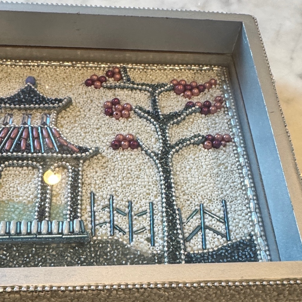 Beaded Asian Landscape Art tray with pagoda scene - Picture 3 of 9